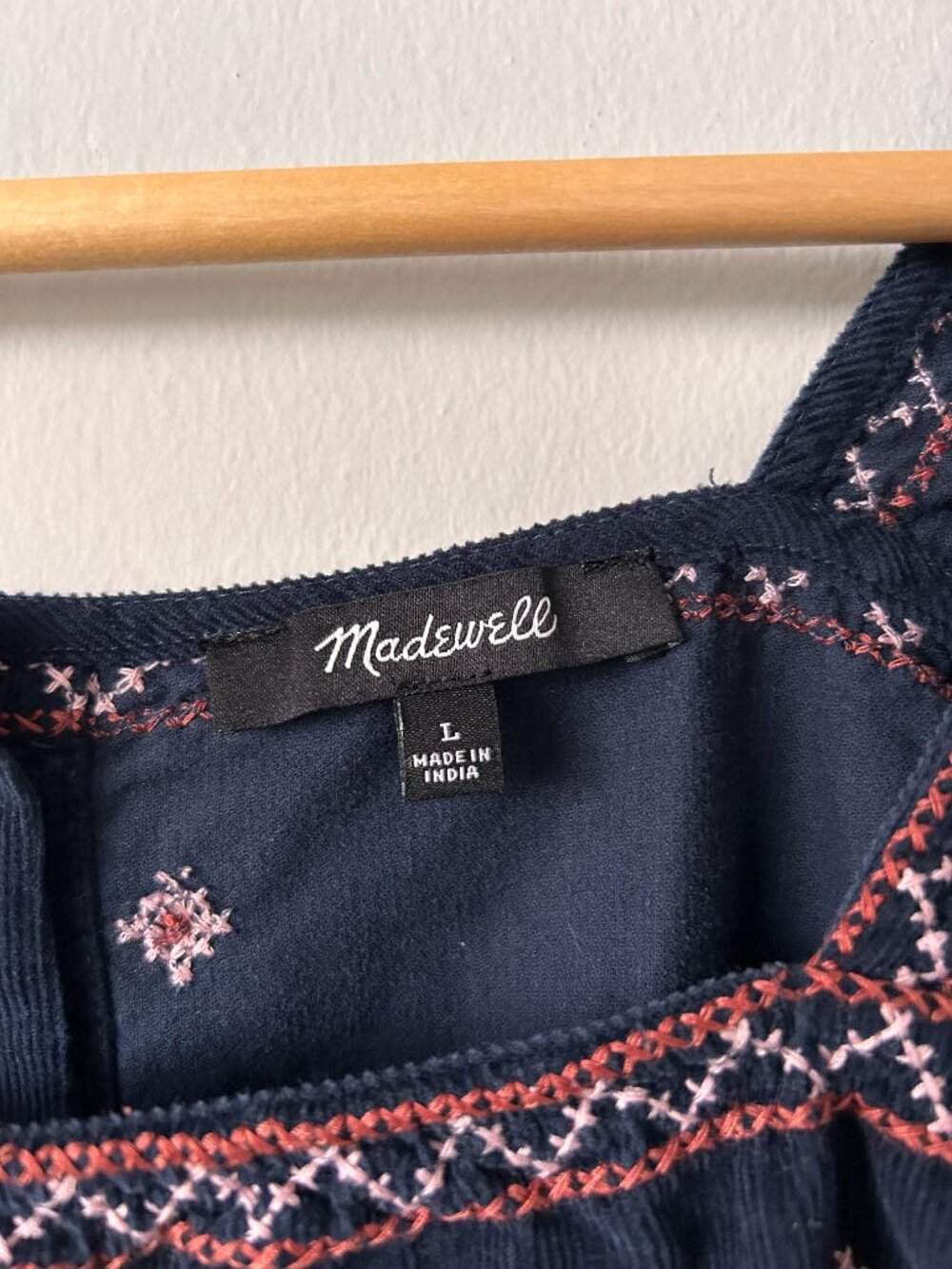 Madewell Embroidered Corduroy Button-Back Peplum Top Navy Floral Puff Sleeve L - Picture 2 of 9